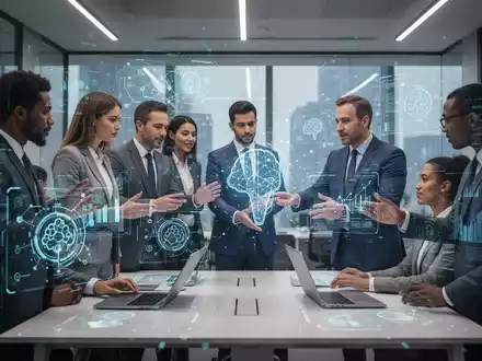 Eine Gruppe von Fachleuten arbeitet in einem modernen Büro mit holografischen Bildschirmen, die Daten und KI-Algorithmen darstellen, was die technologische Transformation im Personalwesen symbolisiert. - Foto: über boerse-global.de