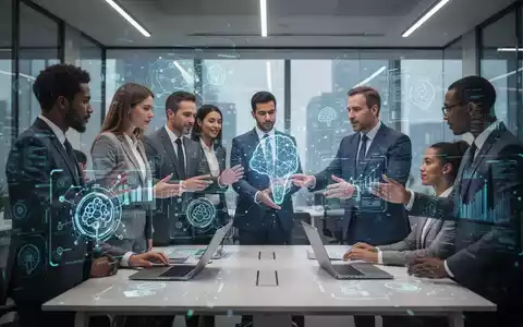 Eine Gruppe von Fachleuten arbeitet in einem modernen Büro mit holografischen Bildschirmen, die Daten und KI-Algorithmen darstellen, was die technologische Transformation im Personalwesen symbolisiert. - Foto: über boerse-global.de