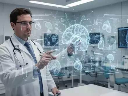 Ein Arzt in einer modernen Klinik betrachtet eine digitale Benutzeroberfläche mit medizinischen Daten und KI-Analysen. - Foto: über boerse-global.de