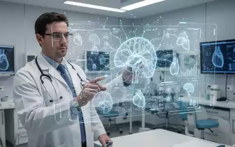 Ein Arzt in einer modernen Klinik betrachtet eine digitale Benutzeroberfläche mit medizinischen Daten und KI-Analysen. - Foto: über boerse-global.de