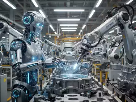 Ein humanoider Roboter arbeitet an einer Montagelinie in einer modernen Automobilfabrik und führt präzise Aufgaben aus. - Foto: über boerse-global.de