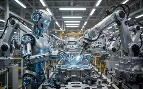 Ein humanoider Roboter arbeitet an einer Montagelinie in einer modernen Automobilfabrik und führt präzise Aufgaben aus. - Foto: über boerse-global.de