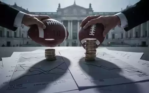 Eine Hand hält einen Fußball, der einen langen Schatten auf Münzen und Dokumente wirft, die sinkende Finanzzahlen zeigen. - Foto: über boerse-global.de