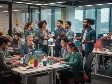 Eine diverse Gruppe von Erwachsenen arbeitet und interagiert in einem modernen Büro, das Kreativität und Zusammenarbeit fördert. - Foto: über boerse-global.de
