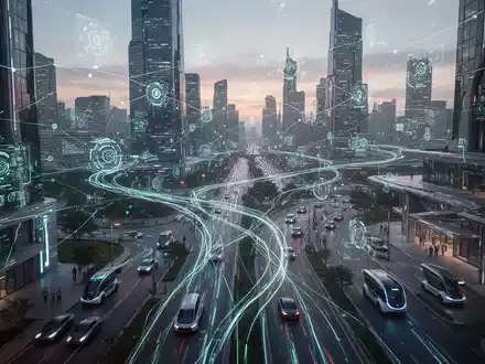 A futuristic cityscape with glowing digital networks connecting modern buildings and autonomous vehicles, symbolizing smart city technology. - Foto: über boerse-global.de