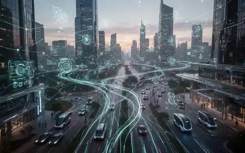 A futuristic cityscape with glowing digital networks connecting modern buildings and autonomous vehicles, symbolizing smart city technology. - Foto: über boerse-global.de