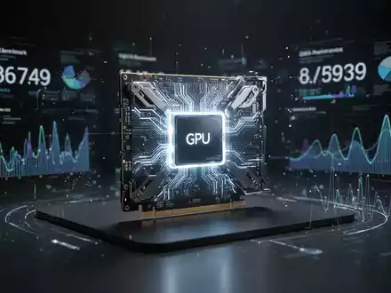 A futuristic GPU glowing with blue light, surrounded by abstract digital data visualizations against a dark background. - Foto: über boerse-global.de