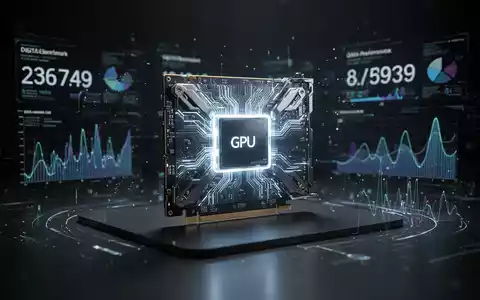 A futuristic GPU glowing with blue light, surrounded by abstract digital data visualizations against a dark background. - Foto: über boerse-global.de