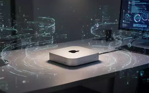 A sleek Apple Mac mini M4 computer sits on a modern desk, surrounded by abstract digital data streams, highlighting its compact size. - Foto: über boerse-global.de