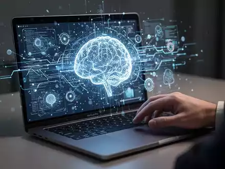 Close-up of a modern MacBook Pro screen displaying an abstract, glowing AI interface, with a hand interacting with the trackpad. - Foto: über boerse-global.de