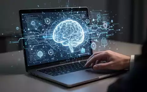 Close-up of a modern MacBook Pro screen displaying an abstract, glowing AI interface, with a hand interacting with the trackpad. - Foto: über boerse-global.de