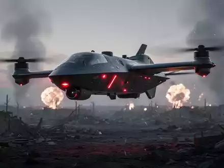 A sleek, dark military drone with glowing red lights flies over a desolate, war-torn landscape at dusk, symbolizing autonomous warfare. - Foto: über boerse-global.de