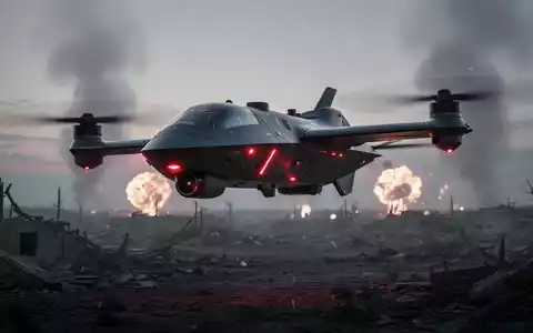 A sleek, dark military drone with glowing red lights flies over a desolate, war-torn landscape at dusk, symbolizing autonomous warfare. - Foto: über boerse-global.de