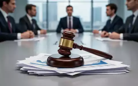 Ein stilisiertes Konferenztisch mit einem prominenten Holzhammer auf Finanzdokumenten, der rechtliche und geschäftliche Konflikte darstellt. - Foto: über boerse-global.de
