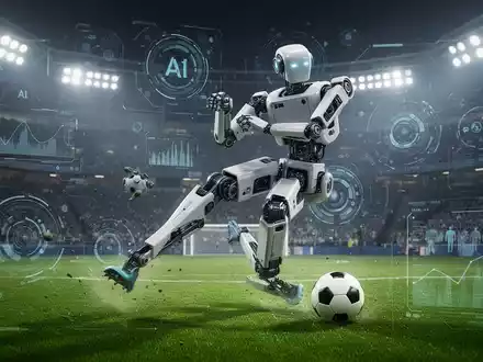 A humanoid robot, similar to Atlas, in mid-kick on a soccer field, with stadium lights in the background. - Foto: über boerse-global.de