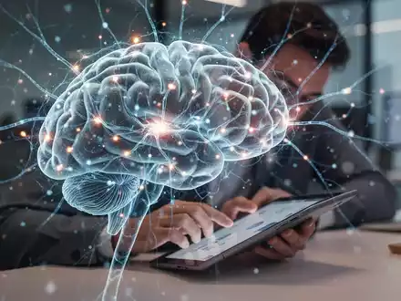 Eine stilisierte Gehirngrafik mit leuchtenden neuronalen Pfaden über einem unscharfen Bild einer Person, die sich auf ein Tablet konzentriert. - Foto: über boerse-global.de