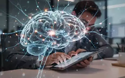 Eine stilisierte Gehirngrafik mit leuchtenden neuronalen Pfaden über einem unscharfen Bild einer Person, die sich auf ein Tablet konzentriert. - Foto: über boerse-global.de