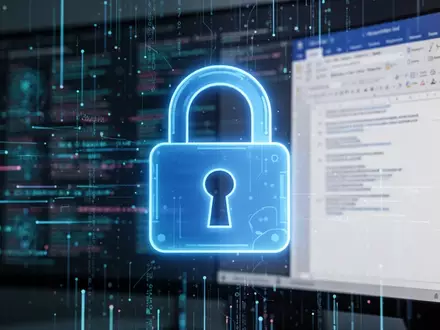 A glowing blue padlock icon superimposed on a blurred computer screen showing abstract data and a Microsoft Word interface, symbolizing document security and AI. - Foto: über boerse-global.de