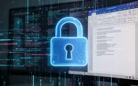 A glowing blue padlock icon superimposed on a blurred computer screen showing abstract data and a Microsoft Word interface, symbolizing document security and AI. - Foto: über boerse-global.de