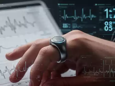 Nahaufnahme eines modernen, manschettenlosen Blutdruckmessgeräts an einem Finger, mit verschwommenen medizinischen Diagrammen im Hintergrund. - Foto: über boerse-global.de