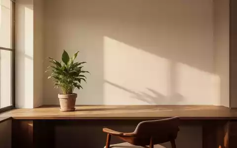 Ein minimalistisches Apartment-Interieur mit klaren Linien, warmem Naturlicht und einer einzelnen Topfpflanze auf einem Holzschreibtisch. - Foto: über boerse-global.de