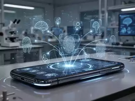 A close-up of a futuristic smartphone screen showing AI-enhanced messaging features and digital drawing tools, with abstract glowing lines. - Foto: über boerse-global.de