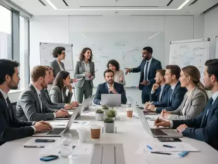 Eine Gruppe von Geschäftsleuten nimmt an einem Seminar teil, diskutiert und arbeitet zusammen in einem modernen Konferenzraum. - Foto: über boerse-global.de