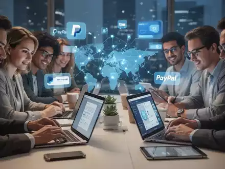 Remote workers collaborating, with digital payment icons in the background, representing PayPal's role in remote work and payments. - Foto: über boerse-global.de