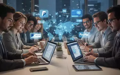Remote workers collaborating, with digital payment icons in the background, representing PayPal's role in remote work and payments. - Foto: über boerse-global.de