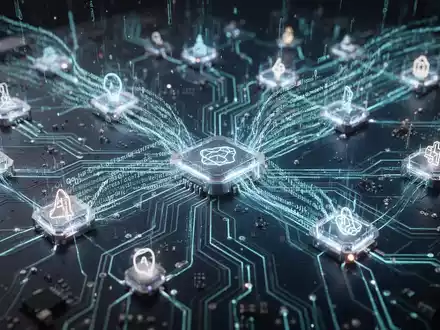 A glowing, intricate circuit board with digital data streams flowing, symbolizing AI and open-source software development. - Foto: über boerse-global.de