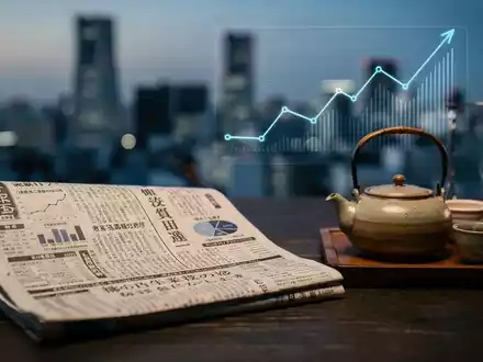 Japanische Finanzzeitung neben einer Teetasse mit verschwommenem Tokyo-Hintergrund und subtilem Aufwärtstrend-Diagramm. - Foto: über boerse-global.de