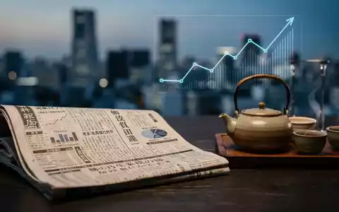 Japanische Finanzzeitung neben einer Teetasse mit verschwommenem Tokyo-Hintergrund und subtilem Aufwärtstrend-Diagramm. - Foto: über boerse-global.de