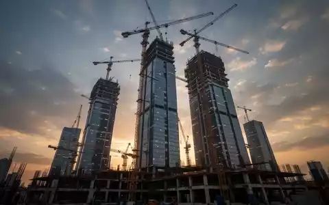 Ein hochmoderner Wolkenkratzer im Bau, mit Kränen, die sich bei Sonnenuntergang vor einem dramatischen Himmel abzeichnen. - Foto: über boerse-global.de