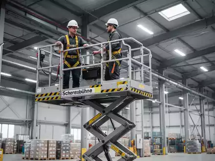 Ein Arbeiter in Schutzausrüstung bedient eine Scherenbühne in einer großen Industriehalle, konzentriert auf Sicherheit und Präzision. - Foto: über boerse-global.de