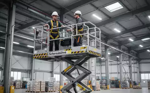 Ein Arbeiter in Schutzausrüstung bedient eine Scherenbühne in einer großen Industriehalle, konzentriert auf Sicherheit und Präzision. - Foto: über boerse-global.de