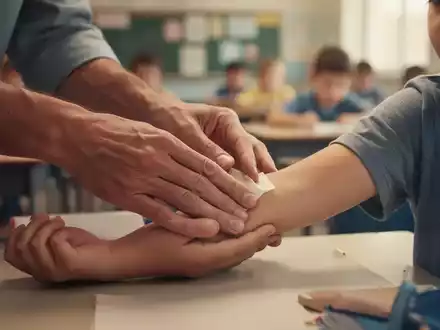 Erwachsenenhände leisten Erste Hilfe am Arm eines Kindes in einem Kursraum, symbolisiert Kinder-Erste-Hilfe-Kurse. - Foto: über boerse-global.de