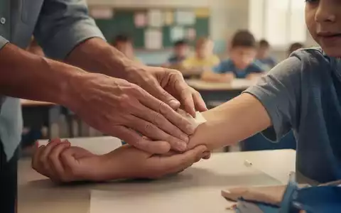 Erwachsenenhände leisten Erste Hilfe am Arm eines Kindes in einem Kursraum, symbolisiert Kinder-Erste-Hilfe-Kurse. - Foto: über boerse-global.de