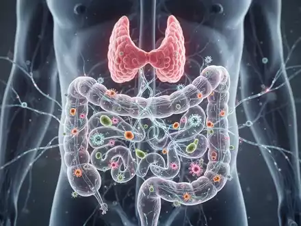 Abstrakte Darstellung des Darmmikrobioms und der Schilddrüse, die die Verbindung zwischen Darmgesundheit und Autoimmunerkrankungen symbolisiert. - Foto: über boerse-global.de