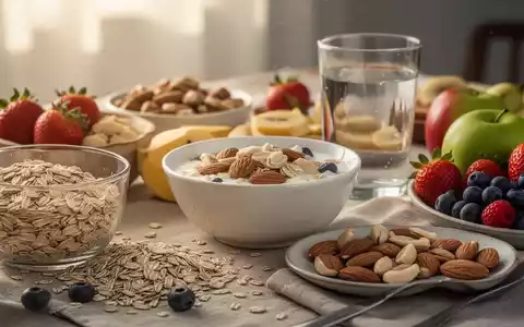 Ein ausgewogenes Frühstück mit Haferflocken, Beeren, Nüssen und Wasser, beleuchtet von sanftem Morgenlicht. - Foto: über boerse-global.de