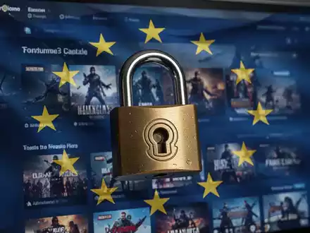 Ein stilisiertes digitales Vorhängeschloss auf einem Computerbildschirm, der eine Gaming-Plattform-Oberfläche mit einer subtilen EU-Flagge zeigt. - Foto: über boerse-global.de