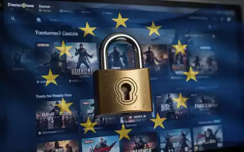 Ein stilisiertes digitales Vorhängeschloss auf einem Computerbildschirm, der eine Gaming-Plattform-Oberfläche mit einer subtilen EU-Flagge zeigt. - Foto: über boerse-global.de