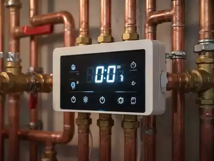 Nahaufnahme einer modernen Heizungssteuerung mit digitalen Anzeigen und Rohren, die Energieeffizienz und Gebäudetechnik symbolisiert. - Foto: über boerse-global.de