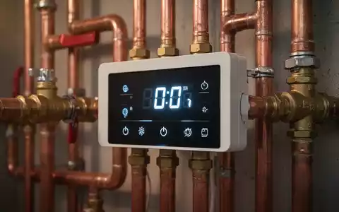 Nahaufnahme einer modernen Heizungssteuerung mit digitalen Anzeigen und Rohren, die Energieeffizienz und Gebäudetechnik symbolisiert. - Foto: über boerse-global.de