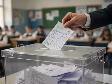 Eine Hand wirft einen Wahlzettel in eine Wahlurne, im Hintergrund unscharfe Umrisse eines Klassenzimmers. - Foto: über boerse-global.de