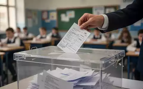 Eine Hand wirft einen Wahlzettel in eine Wahlurne, im Hintergrund unscharfe Umrisse eines Klassenzimmers. - Foto: über boerse-global.de