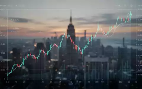 Ein fallender Aktienkurs-Graph über einer verschwommenen Stadtlandschaft bei Dämmerung, der einen starken Rückgang symbolisiert. - Foto: über boerse-global.de