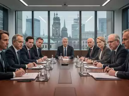 Eine Gruppe von Stadtvertretern in einem Konferenzraum, die sich ernsthaft über Dokumente beugt und diskutiert. - Foto: über boerse-global.de