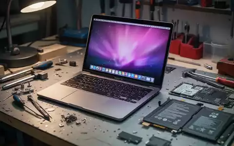 An open Apple MacBook Pro 13-inch laptop on a workbench with repair tools and a replacement battery next to it. - Foto: über boerse-global.de