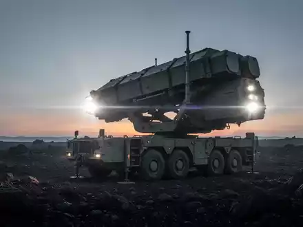 Ein modernes Luftverteidigungssystem auf felsigem Gelände bei Sonnenuntergang, mit dramatischer Beleuchtung und Linsenreflexion. - Foto: über boerse-global.de
