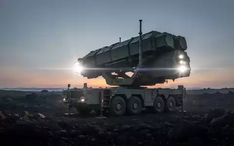 Ein modernes Luftverteidigungssystem auf felsigem Gelände bei Sonnenuntergang, mit dramatischer Beleuchtung und Linsenreflexion. - Foto: über boerse-global.de